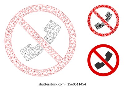 Mesh no phone model with triangle mosaic icon. Wire carcass triangular network of no phone. Vector mosaic of triangle parts in various sizes, and color hues. Abstract flat mesh no phone,