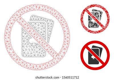 Mesh no playing cards model with triangle mosaic icon. Wire carcass triangular mesh of no playing cards. Vector mosaic of triangle parts in different sizes, and color tones.