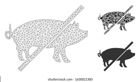 Mesh no pork model with triangle mosaic icon. Wire carcass polygonal mesh of no pork. Vector mosaic of triangle parts in different sizes, and color tinges. Abstract flat mesh no pork,