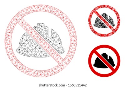 Mesh no protective helmet model with triangle mosaic icon. Wire frame polygonal mesh of no protective helmet. Vector mosaic of triangle elements in various sizes, and color shades.