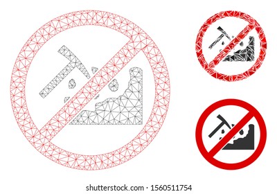 Mesh no rock mining model with triangle mosaic icon. Wire carcass polygonal mesh of no rock mining. Vector collage of triangle parts in various sizes, and color hues. Abstract 2d mesh no rock mining,