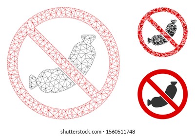 Mesh no sausage model with triangle mosaic icon. Wire frame triangular mesh of no sausage. Vector mosaic of triangle parts in various sizes, and color tints. Abstract flat mesh no sausage,