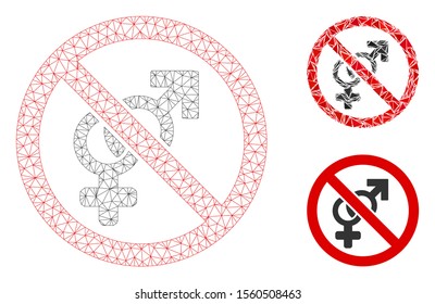 Mesh no sex model with triangle mosaic icon. Wire carcass triangular mesh of no sex. Vector composition of triangle elements in various sizes, and color tinges. Abstract flat mesh no sex,