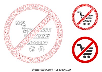 Mesh no shopping model with triangle mosaic icon. Wire frame polygonal network of no shopping. Vector mosaic of triangle elements in different sizes, and color tones. Abstract 2d mesh no shopping,