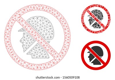 Mesh no soldier model with triangle mosaic icon. Wire carcass polygonal network of no soldier. Vector mosaic of triangles in variable sizes, and color shades. Abstract flat mesh no soldier,