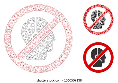 Mesh no telemarketing operator model with triangle mosaic icon. Wire carcass triangular mesh of no telemarketing operator. Vector mosaic of triangle elements in various sizes, and color tones.