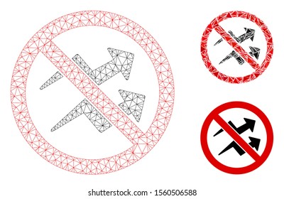 Mesh no trend arrows model with triangle mosaic icon. Wire carcass polygonal mesh of no trend arrows. Vector mosaic of triangle parts in variable sizes, and color hues.