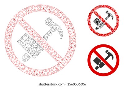 Mesh no working hammer model with triangle mosaic icon. Wire frame triangular mesh of no working hammer. Vector mosaic of triangle parts in various sizes, and color tints.