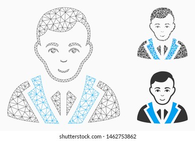 Mesh noble gentleman model with triangle mosaic icon. Wire frame polygonal mesh of noble gentleman. Vector composition of triangle elements in different sizes, and color tones.