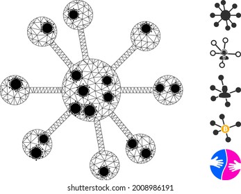 Mesh node relations polygonal icon vector illustration, with black coronavirus elements. Carcass model is created from node relations flat icon, with coronavirus centers and polygonal mesh.