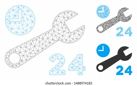 Mesh nonstop service hours model with triangle mosaic icon. Wire frame triangular mesh of nonstop service hours. Vector mosaic of triangle parts in different sizes, and color tinges.