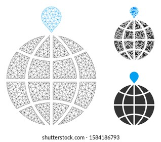 Mesh north pole model with triangle mosaic icon. Wire carcass triangular mesh of north pole. Vector mosaic of triangle parts in various sizes, and color tints. Abstract flat mesh north pole,