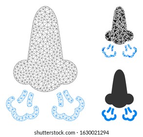 Mesh nose breath model with triangle mosaic icon. Wire carcass polygonal mesh of nose breath. Vector collage of triangle parts in variable sizes, and color tones. Abstract 2d mesh nose breath,