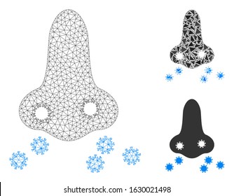 Mesh nose flu sikness model with triangle mosaic icon. Wire frame triangular mesh of nose flu sikness. Vector mosaic of triangles in various sizes, and color hues. Abstract 2d mesh nose flu sikness,