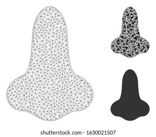 Mesh nose model with triangle mosaic icon. Wire carcass triangular mesh of nose. Vector collage of triangle parts in various sizes, and color shades. Abstract 2d mesh nose, built from triangular grid.