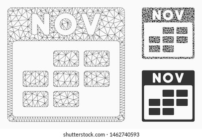 Mesh November calendar grid model with triangle mosaic icon. Wire frame polygonal mesh of November calendar grid. Vector mosaic of triangles in various sizes, and color tinges.
