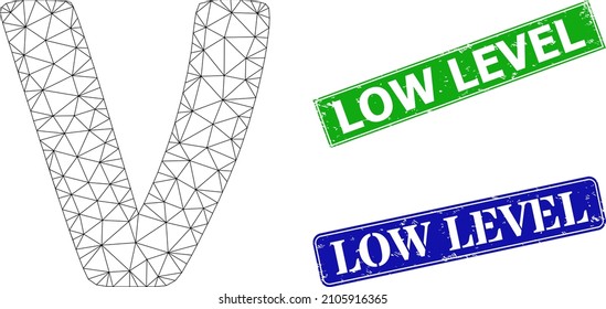 Mesh Nu Greek lowercase symbol image, and Low Level blue and green rectangular scratched seals. Polygonal carcass image is designed with Nu Greek lowercase symbol icon.
