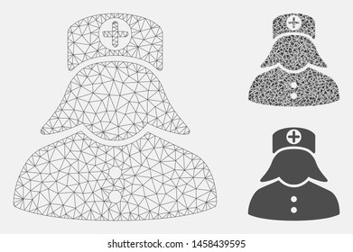 Mesh nurse model with triangle mosaic icon. Wire carcass polygonal mesh of nurse. Vector collage of triangle elements in various sizes, and color shades. Abstract flat mesh nurse,