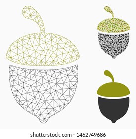 Mesh oak acorn model with triangle mosaic icon. Wire carcass triangular mesh of oak acorn. Vector mosaic of triangle elements in variable sizes, and color shades. Abstract 2d mesh oak acorn,