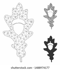 Mesh oak acorn model with triangle mosaic icon. Wire carcass triangular mesh of oak acorn. Vector mosaic of triangle parts in various sizes, and color tinges. Abstract 2d mesh oak acorn,