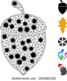 Mesh oak acorn polygonal 2d vector illustration, with black infectious centers. Carcass model is based on oak acorn flat icon, with infectious centers and polygonal net.