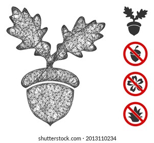 Mesh oak acorn web 2d vector illustration. Carcass model is based on oak acorn flat icon. Network forms abstract oak acorn flat carcass. Wire frame 2D web network isolated on a white background.