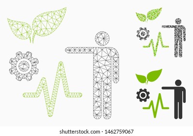 Mesh object analysis model with triangle mosaic icon. Wire carcass triangular mesh of object analysis. Vector mosaic of triangle elements in variable sizes, and color hues.