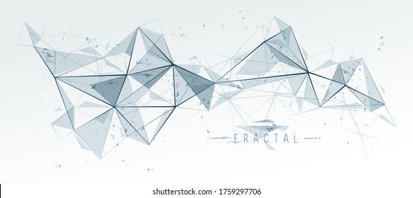 Mesh object fractal design with connected lines vector abstract background, low poly polygonal elements in 3D perspective, science and technology theme.