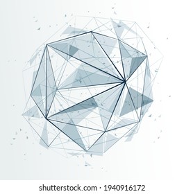 Mesh object fractal design with connected lines vector abstract background, low poly polygonal elements in 3D perspective, science and technology theme.