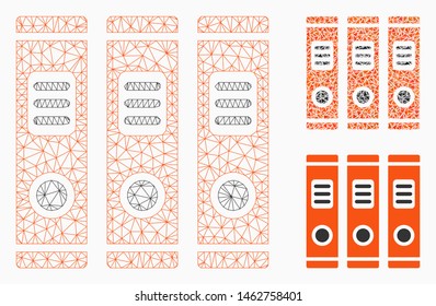 Mesh office books model with triangle mosaic icon. Wire carcass triangular mesh of office books. Vector mosaic of triangle elements in various sizes, and color tints. Abstract 2d mesh office books,