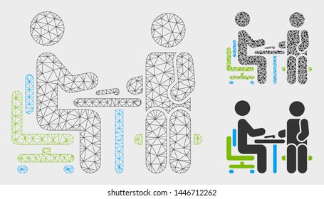 Mesh office interview model with triangle mosaic icon. Wire carcass triangular mesh of office interview. Vector mosaic of triangle parts in various sizes, and color tones.