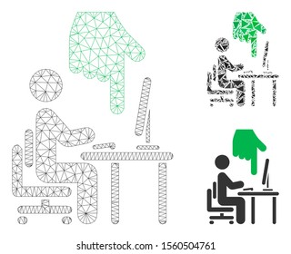 Mesh office use model with triangle mosaic icon. Wire carcass polygonal mesh of office use. Vector mosaic of triangle parts in variable sizes, and color tinges. Abstract flat mesh office use,