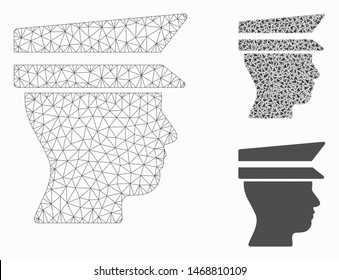 Mesh officer head model with triangle mosaic icon. Wire carcass triangular mesh of officer head. Vector mosaic of triangle parts in various sizes, and color hues. Abstract flat mesh officer head,