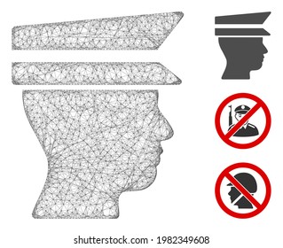 Ilustración vectorial del símbolo web poligonal de la cabeza del agente de malla. El modelo de canal se basa en un icono plano de cabeza de oficial. La red triangular forma un modelo abstracto de cabeza plana de un oficial.