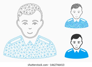 Mesh officer model with triangle mosaic icon. Wire frame triangular mesh of officer. Vector collage of triangle elements in different sizes, and color tints. Abstract flat mesh officer,