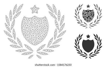 Mesh official insurance shield model with triangle mosaic icon. Wire carcass polygonal mesh of official insurance shield. Vector mosaic of triangles in variable sizes, and color tones.