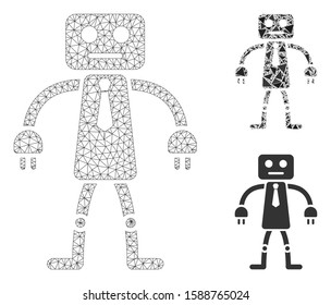 Mesh official robot model with triangle mosaic icon. Wire frame polygonal mesh of official robot. Vector mosaic of triangle elements in different sizes, and color shades.