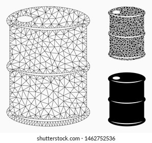 Mesh oil barrel model with triangle mosaic icon. Wire carcass polygonal network of oil barrel. Vector mosaic of triangle parts in different sizes, and color tints. Abstract flat mesh oil barrel,