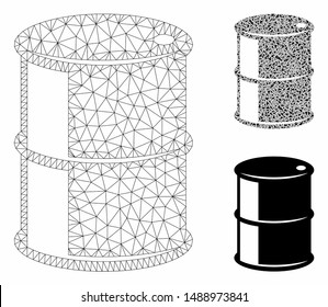 Mesh oil barrel model with triangle mosaic icon. Wire frame triangular network of oil barrel. Vector composition of triangle parts in various sizes, and color tinges. Abstract flat mesh oil barrel,