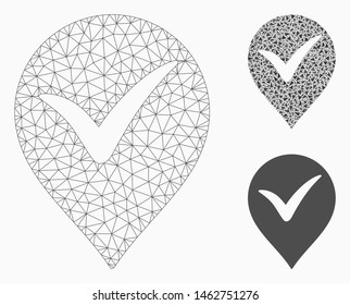 Mesh OK marker model with triangle mosaic icon. Wire carcass triangular mesh of OK marker. Vector mosaic of triangles in various sizes, and color tones. Abstract flat mesh OK marker,