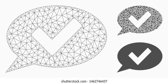 Mesh OK message model with triangle mosaic icon. Wire carcass triangular mesh of OK message. Vector mosaic of triangles in different sizes, and color tinges. Abstract flat mesh OK message,