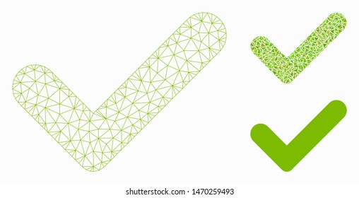 Mesh OK model with triangle mosaic icon. Wire carcass polygonal mesh of OK. Vector composition of triangle parts in various sizes, and color shades. Abstract flat mesh OK, built from polygonal grid.