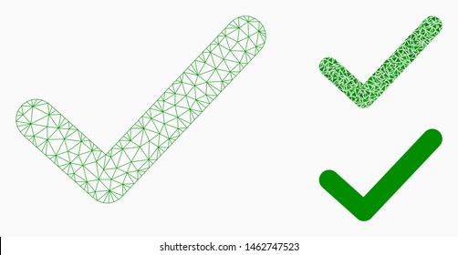 Mesh OK tick model with triangle mosaic icon. Wire frame triangular mesh of OK tick. Vector composition of triangle elements in different sizes, and color tints. Abstract 2d mesh OK tick,