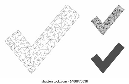 Mesh OK tick model with triangle mosaic icon. Wire carcass triangular mesh of OK tick. Vector mosaic of triangle parts in different sizes, and color tones. Abstract 2d mesh OK tick,