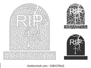 Mesh old grave model with triangle mosaic icon. Wire carcass polygonal mesh of old grave. Vector mosaic of triangle elements in variable sizes, and color shades. Abstract flat mesh old grave,