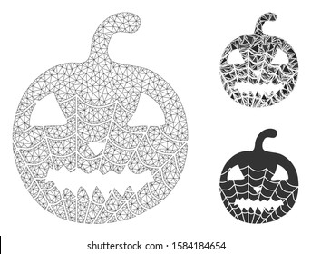 Mesh old halloween pumpkin model with triangle mosaic icon. Wire carcass triangular mesh of old halloween pumpkin. Vector mosaic of triangle elements in different sizes, and color tints.
