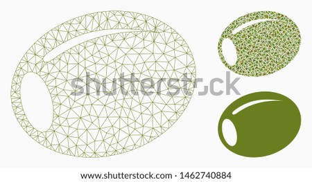 Mesh olive model with triangle mosaic icon. Wire carcass polygonal mesh of olive. Vector mosaic of triangle elements in various sizes, and color tones. Abstract flat mesh olive,