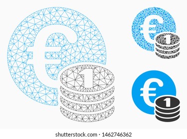 Mesh one Euro coin stack model with triangle mosaic icon. Wire carcass triangular mesh of one Euro coin stack. Vector composition of triangle elements in different sizes, and color shades.