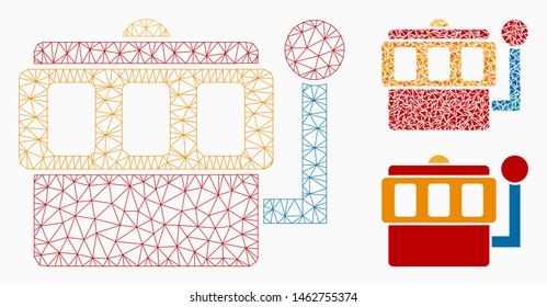 Mesh one-armed bandit model with triangle mosaic icon. Wire carcass polygonal mesh of one-armed bandit. Vector composition of triangle elements in different sizes, and color hues.