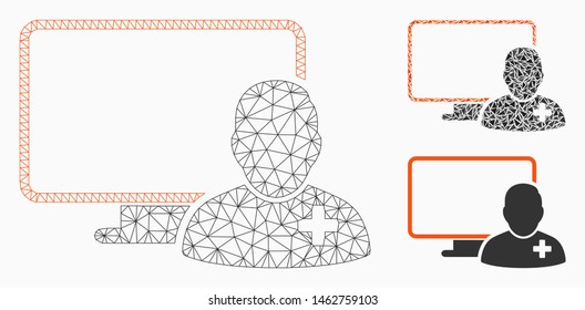 Mesh online doctor model with triangle mosaic icon. Wire carcass triangular mesh of online doctor. Vector mosaic of triangle parts in variable sizes, and color shades.